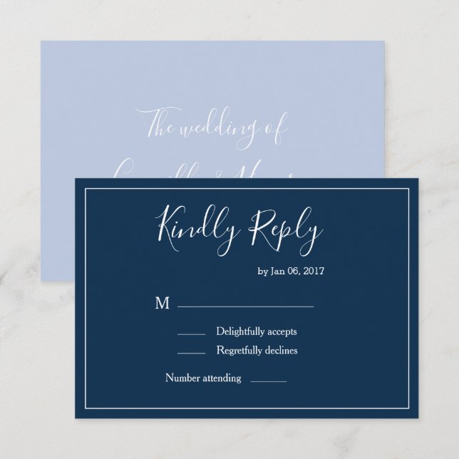 Invitation Réponse de mariage moderne élégante bleu foncé bla (Devant / Derrière)