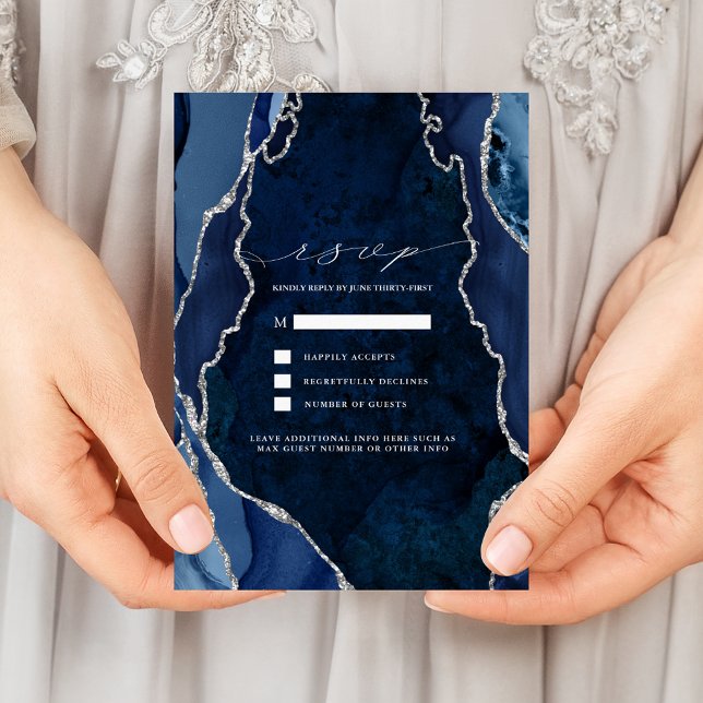 Invitation Réponse de mariage Navy Marble & Silver Agate (Créateur téléchargé)