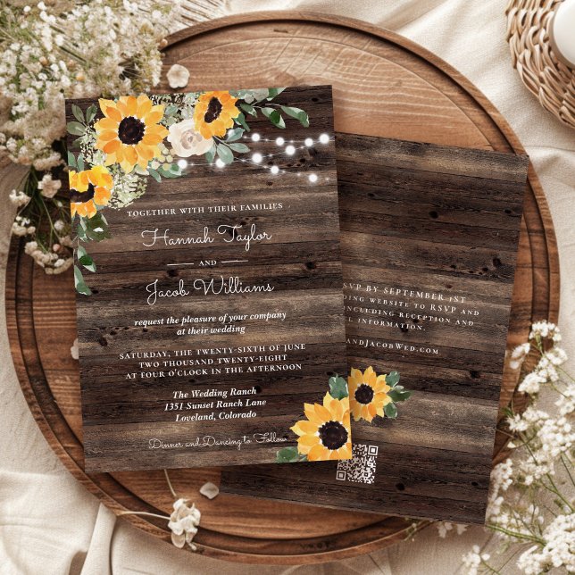Invitation Réponse de mariage QR Code Bois Tournesol Rustique (Créateur téléchargé)