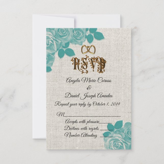 Invitation Réponse de mariage sur lin avec des roses sarcelle (Devant)