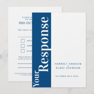 Invitation Réponse de mariage texte gras bleu et blanc RSVP