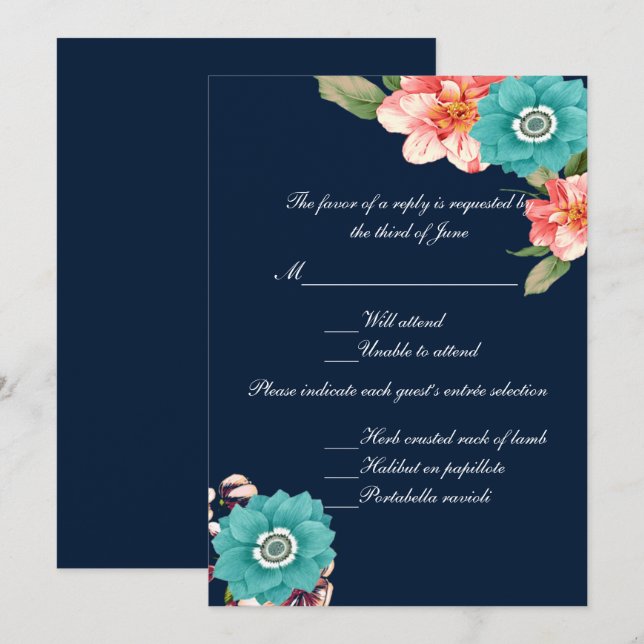 Invitation Réponse du Mariage botanique bleu et rose (Devant / Derrière)