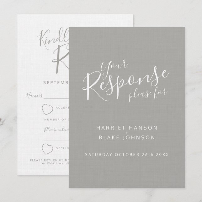 Invitation Réponse du mariage de coeur blanc gris RSVP (Devant / Derrière)