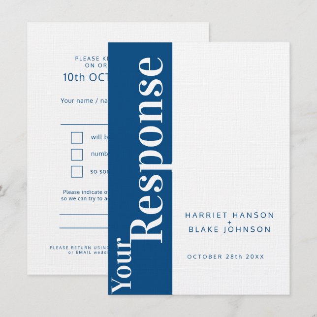 Invitation Réponse du mariage en gras bleu et blanc RSVP (Devant / Derrière)