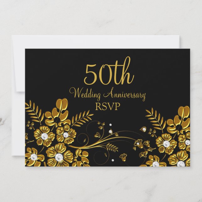 Invitation Réponse Gold Diamond Floral Swirl 50e Anniversaire (Devant)