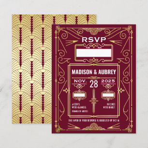 Invitation Réponse RSVP Art Déco Mariage Gold Burgundy