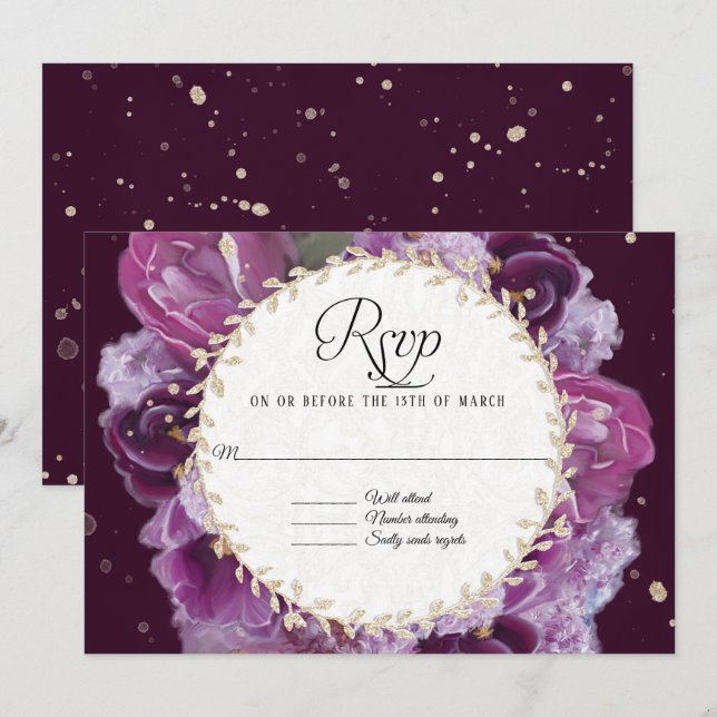 Invitation Réponse RSVP Couronne de fleurs violettes lavande  (Devant / Derrière)