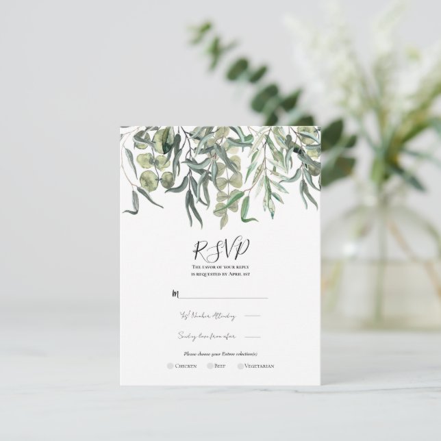 Invitation Réponse RSVP de mariage minimal avec verdure d'euc (Debout devant)