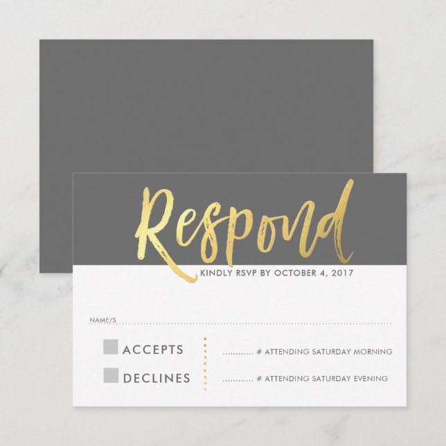 Invitation Réponse RSVP de type or faux gris (Devant / Derrière)