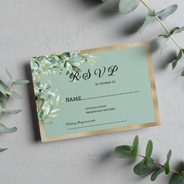Invitation Réponse RSVP feuilles d'olive eucalyptus or rustiq (Rustic mint gold eucalyptus olive leaves RSVP)