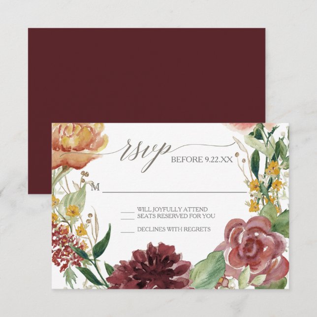 Invitation Réponse RSVP Fleurs de Chrysanthème Rouge Bourguig (Devant / Derrière)