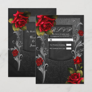 Invitation Réponse RSVP Mariage Glamour Orné Roses Rouges Noi