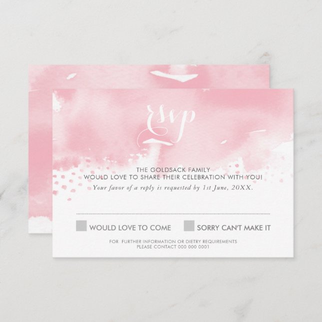 Invitation Réponse RSVP stylée aquarelle rose pâle (Devant / Derrière)