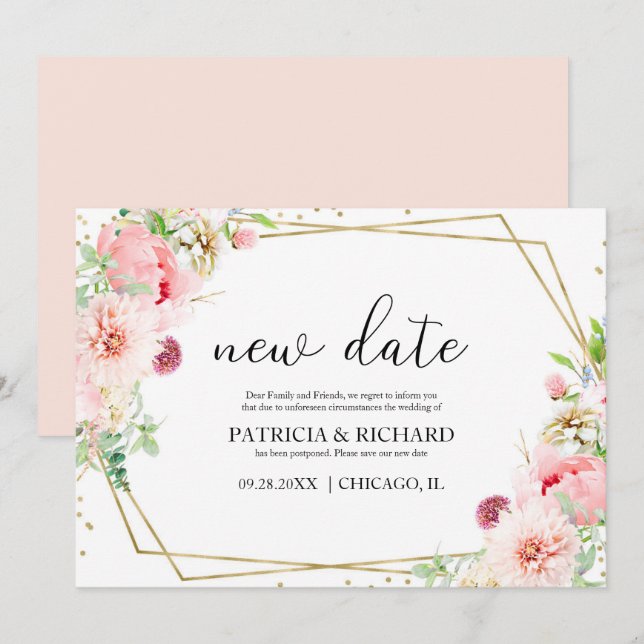 Invitation Report de mariage géométrique floral rose (Devant / Derrière)