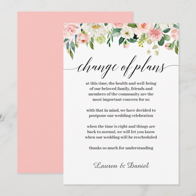 Invitation Report de mariage moderne blush Changement de plan (Devant / Derrière)