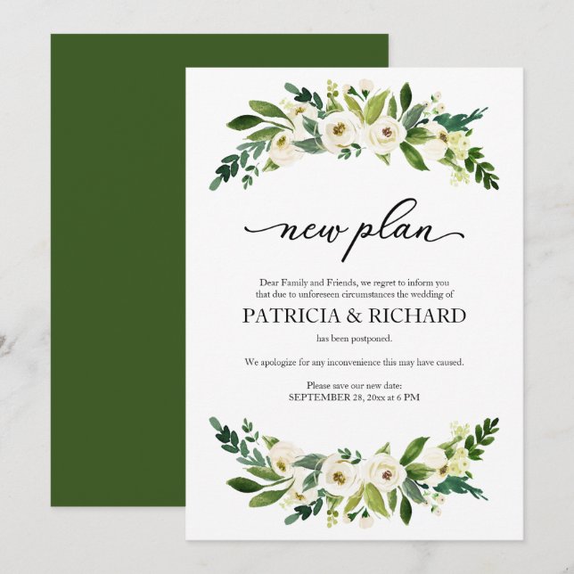 Invitation Report de mariage nouvelle formule florale de verd (Devant / Derrière)