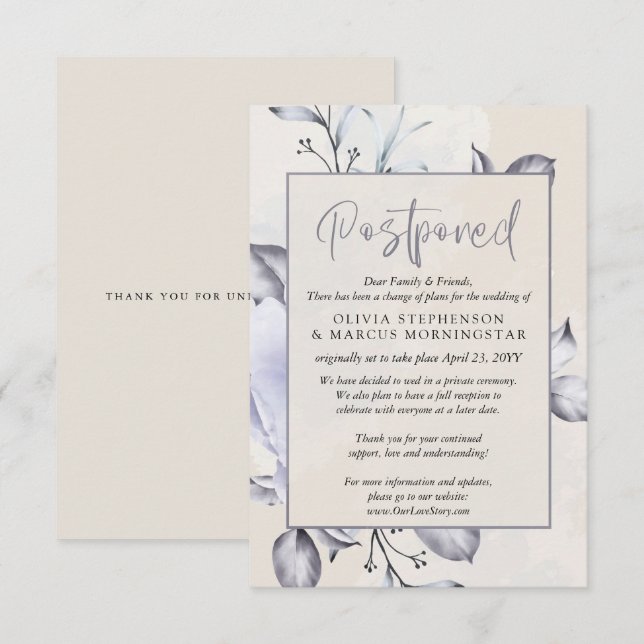 Invitation Reporté - Rustic Lilac et Alabaster Peony Floral (Devant / Derrière)