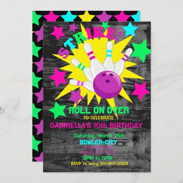 Invitation Reporter... STRIKE Bowling fête d'anniversaire (Devant / Derrière)