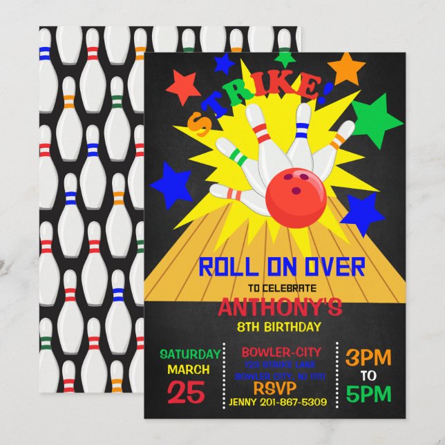 Invitation Reporter... STRIKE Bowling fête d'anniversaire (Devant / Derrière)