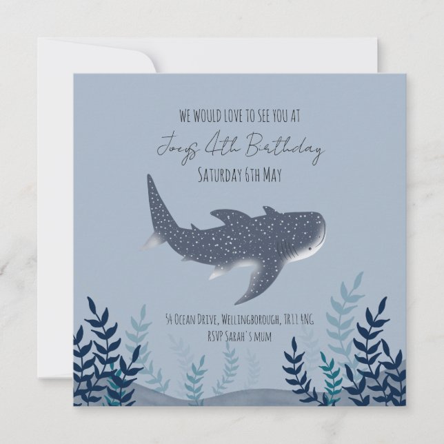 Invitation Requin Baleine Bleu Adorable Sous l'Océan Nom (Devant)