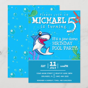 Invitation Requin Bleu Océan Enfants N'importe quel âge Anniv