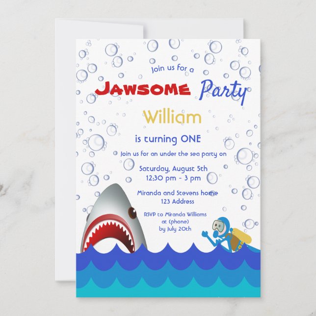 Invitation Requin sous la mer 1er anniversaire garçon de fête (Devant)