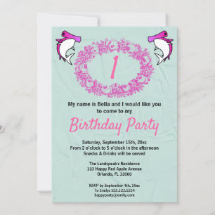 Invitation Requins roses et couronne Rose 1er anniversaire