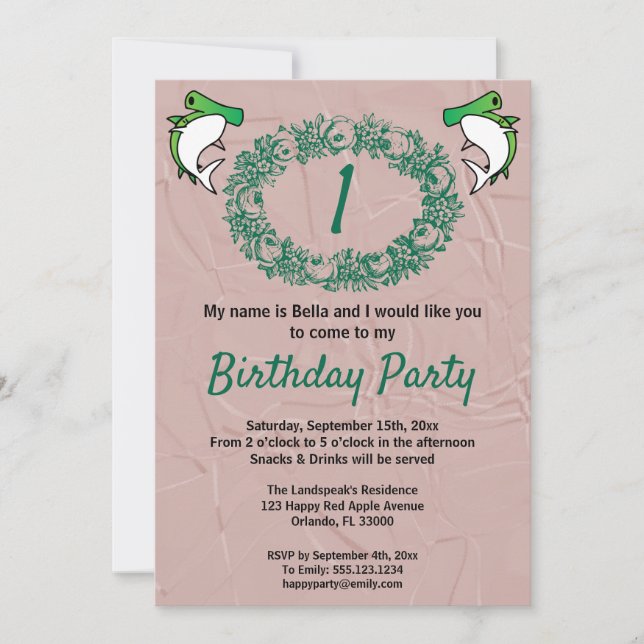 Invitation Requins verts et couronne Rose 1er anniversaire (Devant)