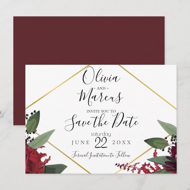 Invitation RÉSERVEZ LA DATE | Elégant Marsala Floral Bourgogn (Devant / Derrière)