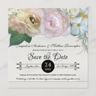 Invitation Réservez la Date Fleurs Ombre Grise Pivoines Roses
