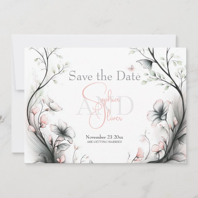 Invitation Réservez la Date | Floral délicat et fantaisiste R (Devant)