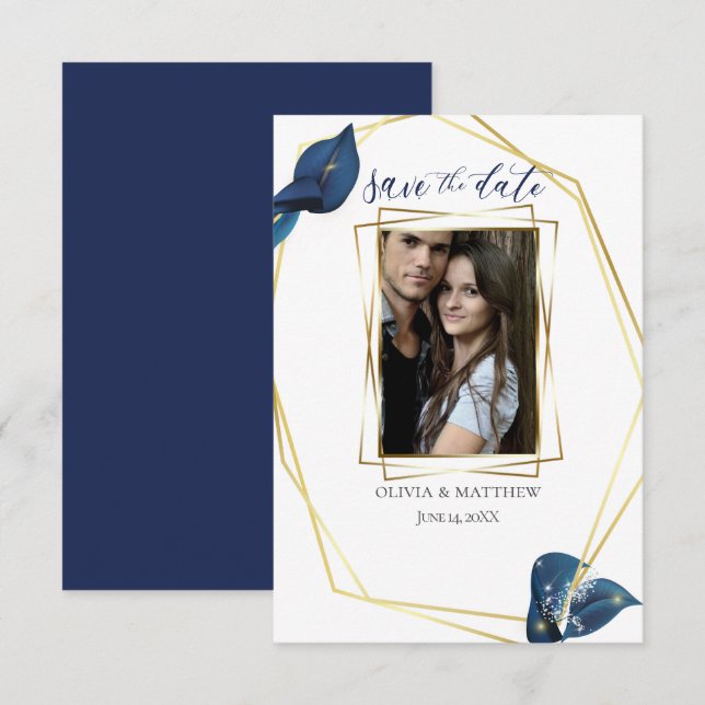 Invitation RÉSERVEZ LA DATE | Moderne Deep Indigo Bleu et Or (Devant / Derrière)