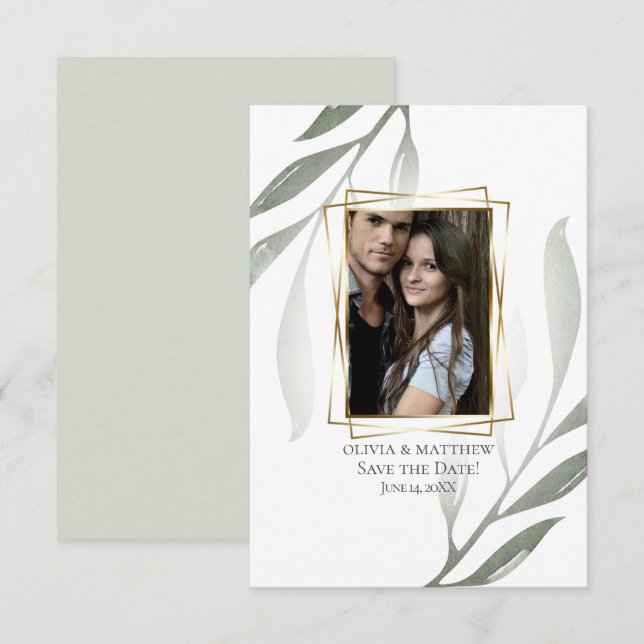 Invitation RÉSERVEZ LA DATE | Sage Vert Olive Branche Aquarel (Devant / Derrière)
