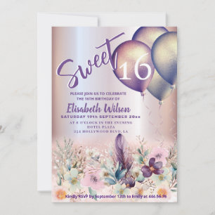 Invitation Ressort Boho floral Girlly ballon glittery