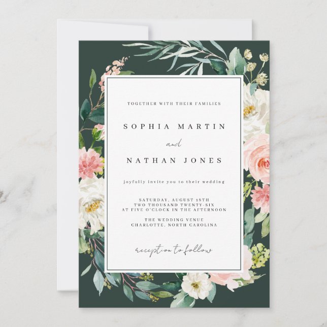 Invitation Ressort d'aquarelle Floral Vert Blush Mariage (Devant)