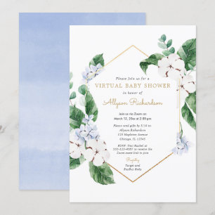 Invitation Ressort floral Baby shower virtuel bleu or blanc