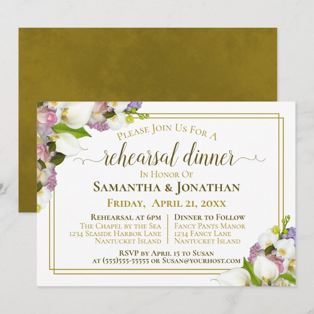 Invitation Ressort Floral Gold Mariage répétition et dîner (Devant / Derrière)