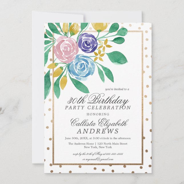 Invitation Ressort Floral or Confetti Aquarelle Anniversaire (Devant)