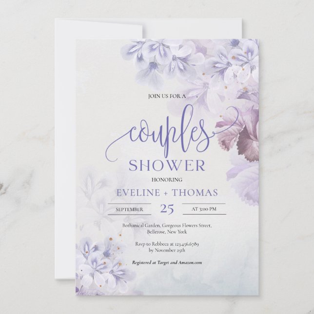 Invitation Ressort lilas dusté violet bleu rose couples douch (Devant)