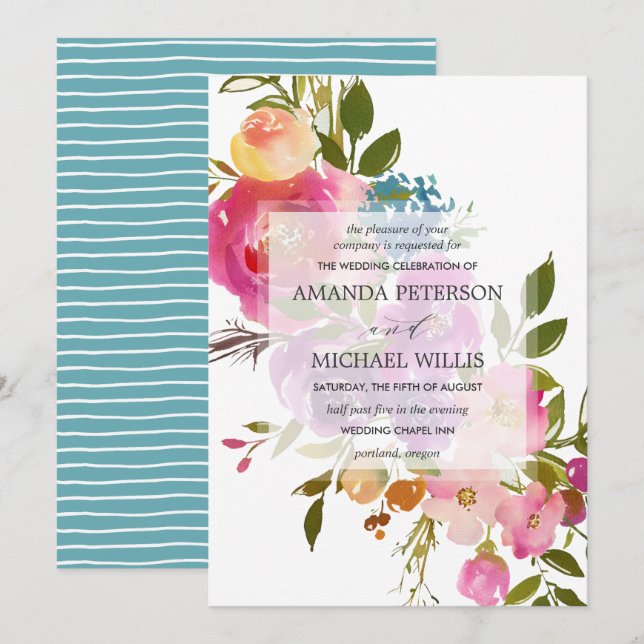 Invitation Ressort | mariage de fleurs botaniques roses moder (Devant / Derrière)