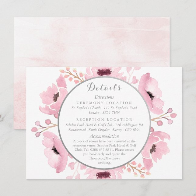 Invitation Ressort rose aquarelle Floral Détails du Mariage (Devant / Derrière)