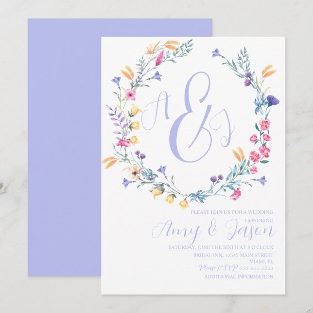 Invitation Ressort Wild Fleur Wreath Pastel Purple Mariage (Devant / Derrière)