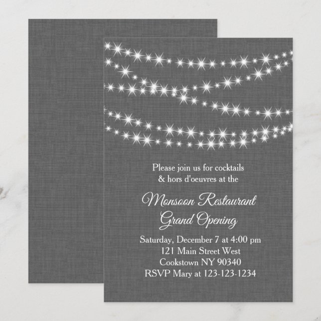 Invitation Restaurant Grand Ouverture Twinkle Lights grey (Devant / Derrière)