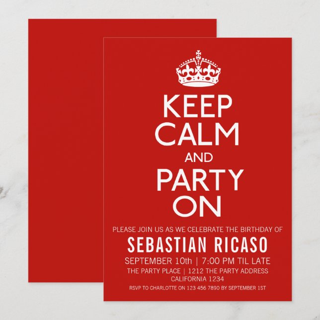Invitation Restez Calme Et Faites La Fête (Devant / Derrière)