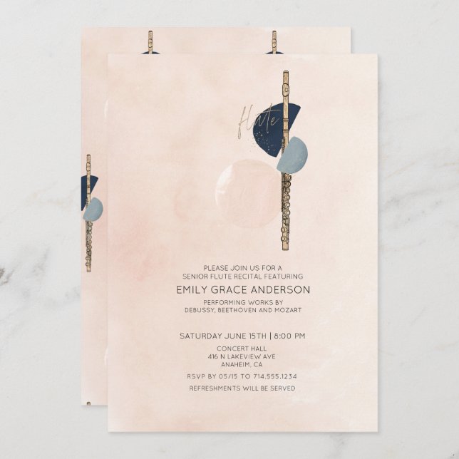 Invitation Résumé de récital de flûte Abstrait Rose Pâle & Or (Devant / Derrière)