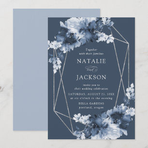 Invitation Résumé Fleurs Indigo   Mariage Cadre Géométrique