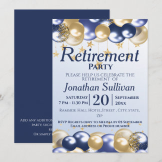 Invitation Retirement Navy Gold Balloons Party