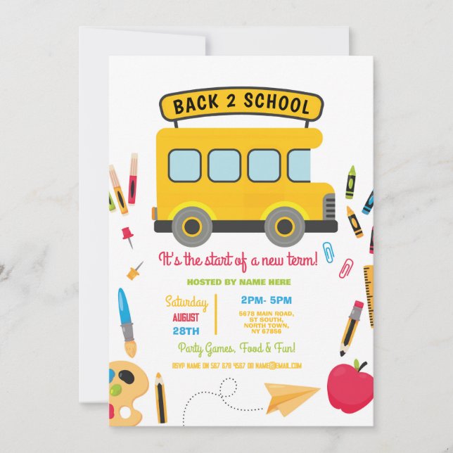 Invitation Retour À L'École Bus Fête Garçons Filles (Devant)