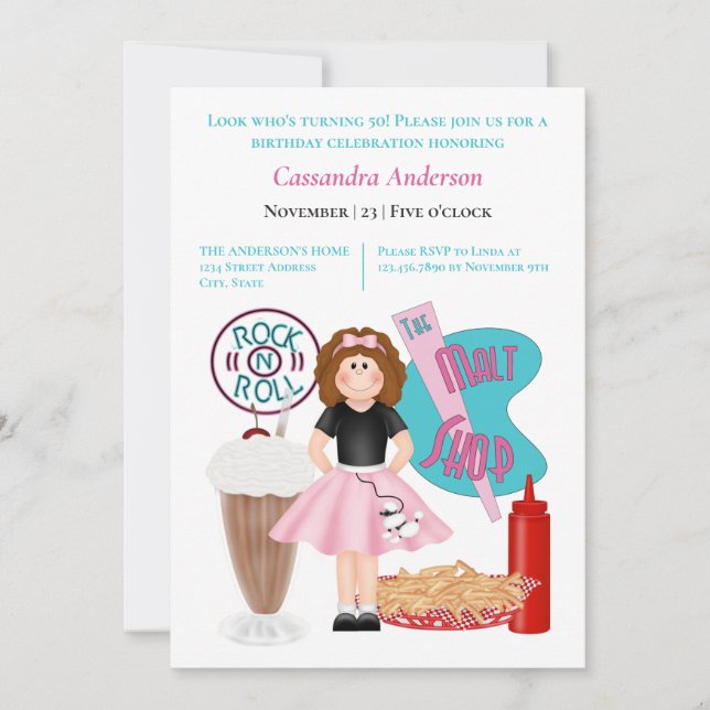 Invitation Retour à l'invitation d'anniversaire des années 50 (Devant)