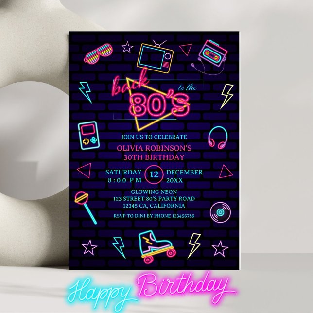 Invitation Retour aux années 80 Retro Neon fête d'anniversair (Créateur téléchargé)